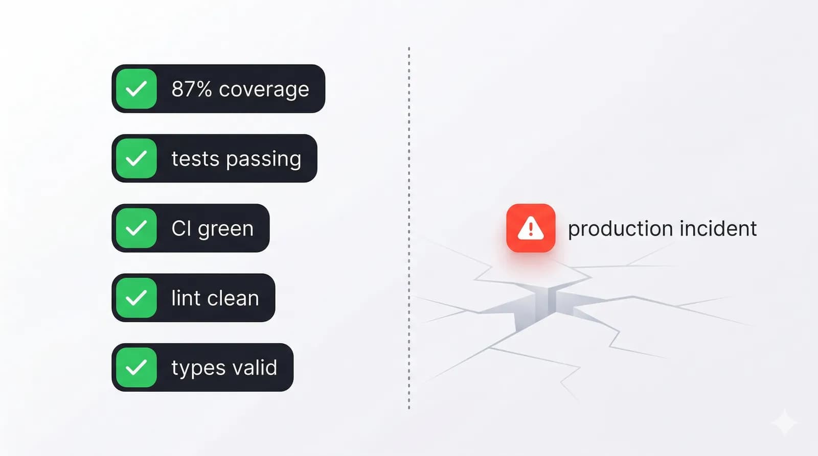 Green CI checks — 87% coverage, tests passing, CI green. Next to it, a production incident. The gap between passing tests and working features.