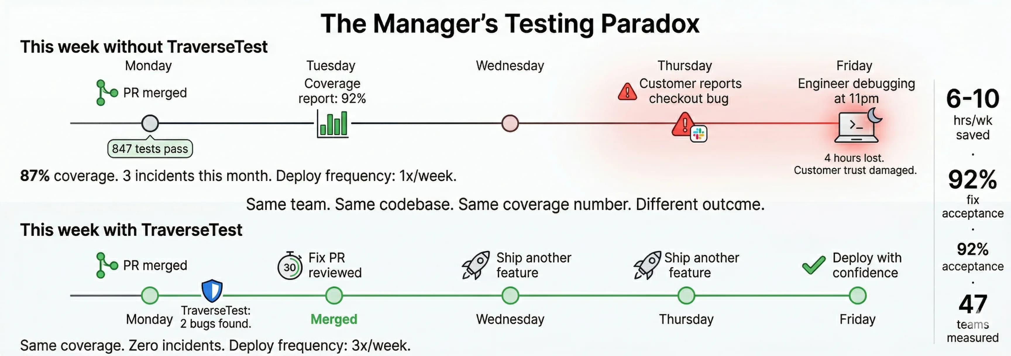 The Manager's Testing Paradox — Top timeline (red): PR merged Monday, 847 tests pass, coverage 92%, customer reports bug Thursday, engineer debugging at 11pm Friday. 4 hours lost. Bottom timeline (green): PR merged, TraverseTest finds 2 bugs, fix PR reviewed and merged Tuesday, ship features Wednesday through Friday. Same coverage, zero incidents, deploy 3x/week.