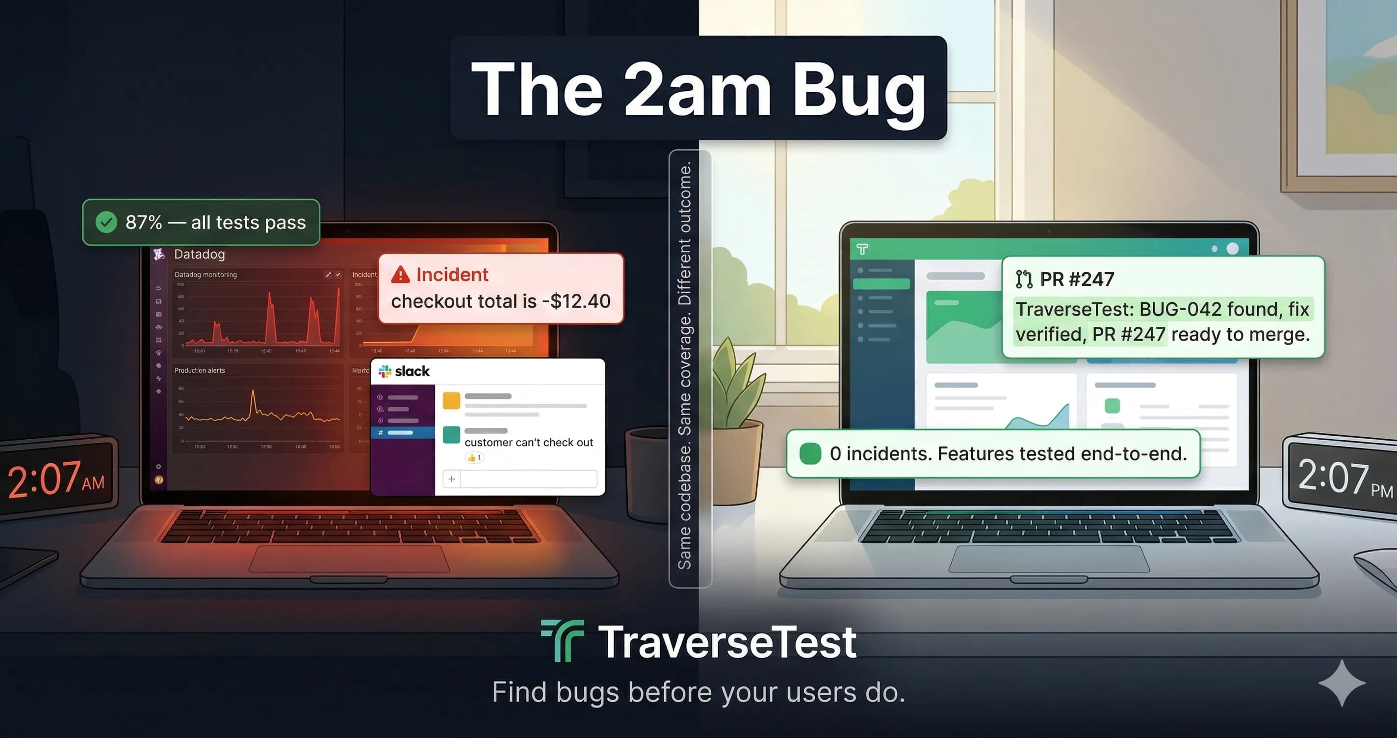 The 2am Bug — Left: 2:07 AM, Datadog alerts, checkout incident, 87% coverage all green. Right: 2:07 PM, TraverseTest PR ready, zero incidents.