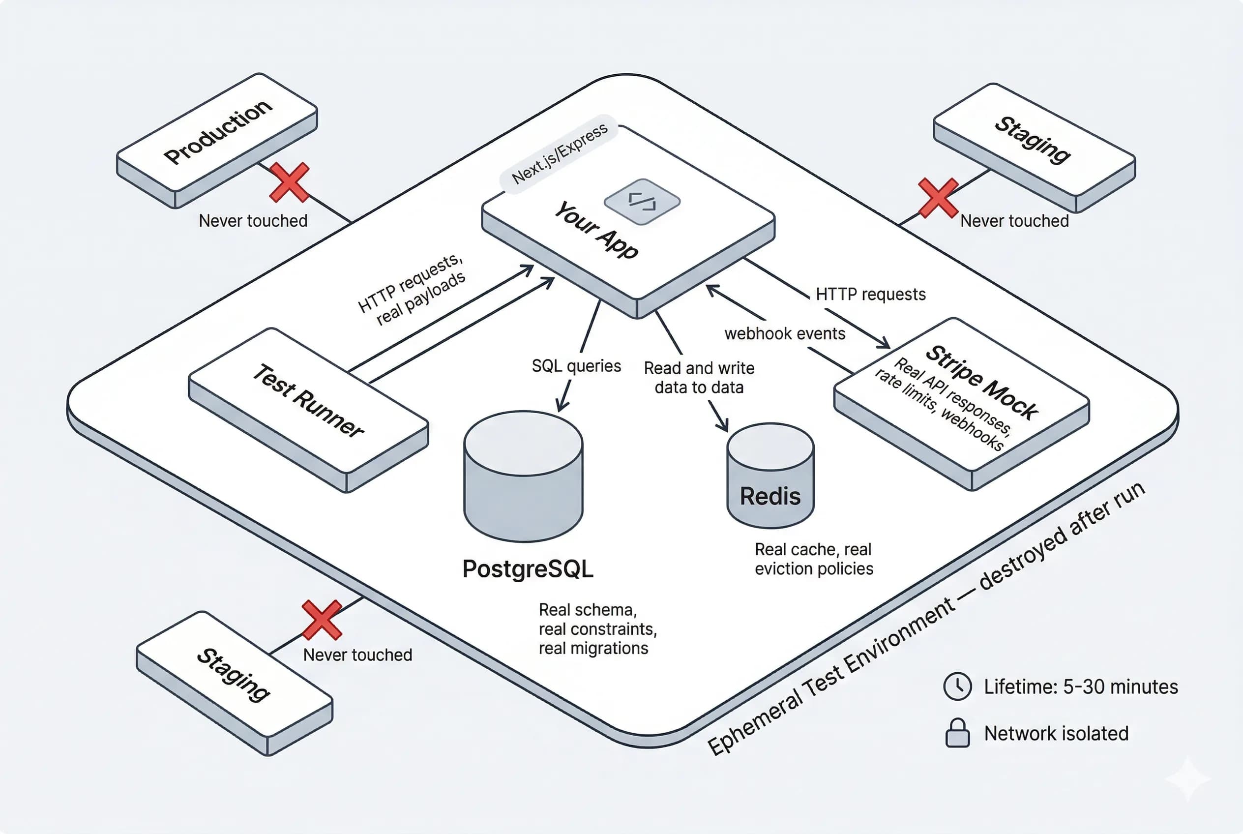 Ephemeral test environment — Your App connected to PostgreSQL, Redis, Stripe Mock, and Test Runner inside a Docker container. Production and Staging shown crossed out with Never touched. Lifetime 5-30 minutes, network isolated.